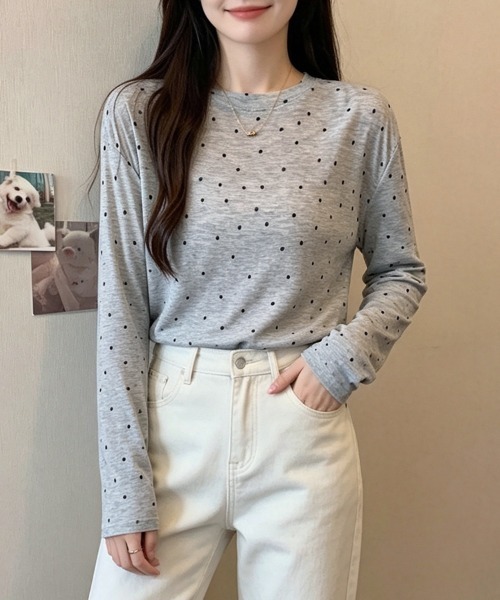 ONEP STAR(ワンピスター)の「ドット柄シアー長袖プルオーバー(Tシャツ/カットソー・レディース・ホワイト/ブラック/ベージュ/グレー・FREE)」の17枚目の写真