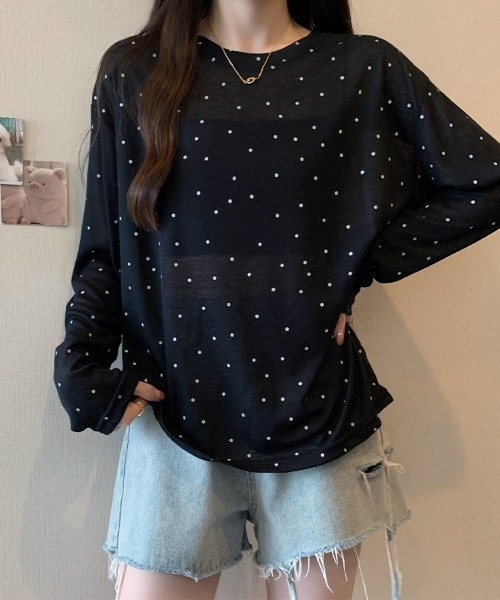 ONEP STAR(ワンピスター)の「ドット柄シアー長袖プルオーバー(Tシャツ/カットソー・レディース・ホワイト/ブラック/ベージュ/グレー・FREE)」の13枚目の写真