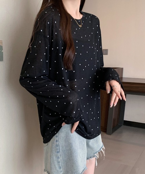 ONEP STAR(ワンピスター)の「ドット柄シアー長袖プルオーバー(Tシャツ/カットソー・レディース・ホワイト/ブラック/ベージュ/グレー・FREE)」の12枚目の写真