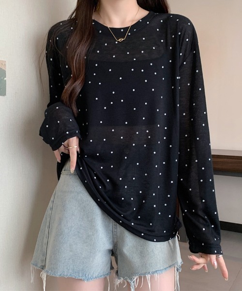ONEP STAR(ワンピスター)の「ドット柄シアー長袖プルオーバー(Tシャツ/カットソー・レディース・ホワイト/ブラック/ベージュ/グレー・FREE)」の9枚目の写真