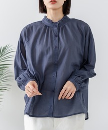 【C-FORT POINT/フォートポイント】【綿100% 首元のさりげないフリルが上品】綿ボイルフリルカラー 長袖ブラウス 立ち襟 スタンドカラー 上品 ナチュラル 透け感 重ね着 レイヤード