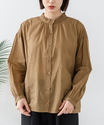 【C-FORT POINT/フォートポイント】【綿100% 首元のさりげないフリルが上品】綿ボイルフリルカラー 長袖ブラウス 立ち襟 スタンドカラー 上品 ナチュラル 透け感 重ね着 レイヤード