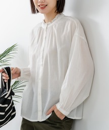 【C-FORT POINT/フォートポイント】【綿100% 首元のさりげないフリルが上品】綿ボイルフリルカラー 長袖ブラウス 立ち襟 スタンドカラー 上品 ナチュラル 透け感 重ね着 レイヤード