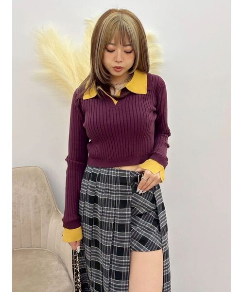 EVRIS(エヴリス)の「バイカラーポロニットトップス(ニット/セーター・レディース・ボルドー/グレー/ブラック/ブラウン・FREE)」の8枚目の写真