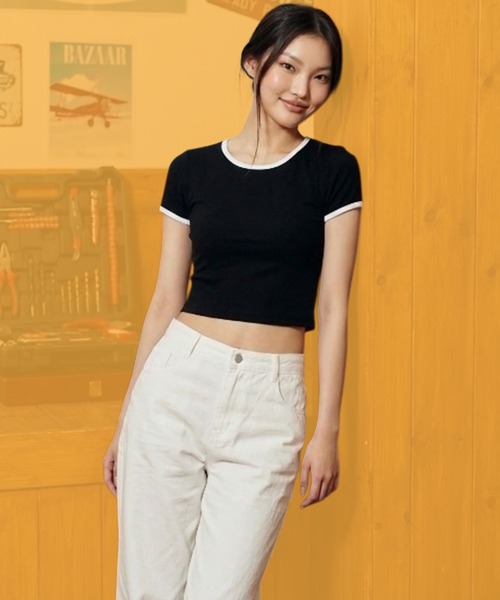 ROOPTOKYO(ループトウキョウ)の「ipugo/イプゴ パイピング クロップド Tシャツ(Tシャツ/カットソー・レディース・ブラック/ライトブルー・FREE)」の2枚目の写真