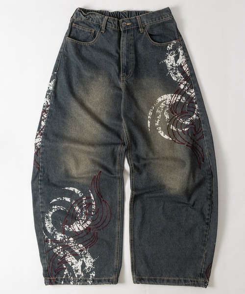 JOHN'S CLOSET(ジョンズクローゼット)の「【13】12oz プリント&刺繍 カーブシルエットデニムパンツ ドローコード付(デニムパンツ・メンズ・インディゴブルー/ブラック・MEDIUM/LARGE)」の2枚目の写真