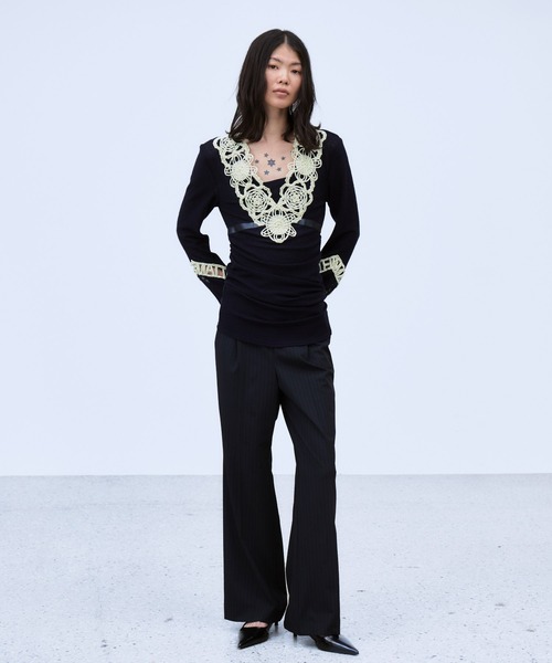 THINGS THAT MATTER(シングス ザット マター)の「MICROCOSMOS WRAP LACE BELTED PANTS / マイクロコスモスラップレースベルテッドパンツ(スラックス・レディース・グレー/ブラック・1/2)」の9枚目の写真
