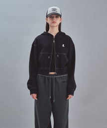 STITCH CROPPED HOOD ZIP-UP - DARK NAVY