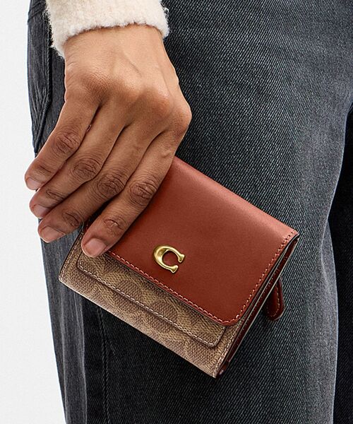 良品 COACH 財布 レザー ブラウン シグネチャー ミラ スモール フラップ ウォレット・シグネチャー アップクラフト