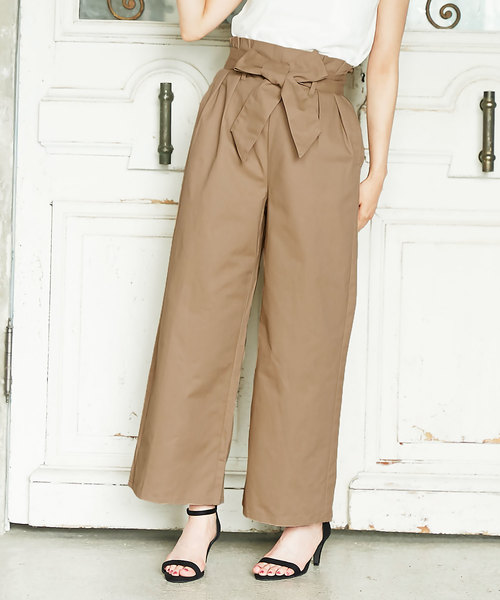 KOBE LETTUCE（コウベレタス）の「リボン付きハイウエストワイドパンツ＊レディース/ガウチョ[M2237]神戸レタス（その他パンツ・レディース・ベージュ/ブラウン/グリーン・FREE）」の2枚目の写真
