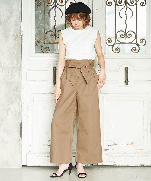 KOBE LETTUCE（コウベレタス）の「リボン付きハイウエストワイドパンツ＊レディース/ガウチョ[M2237]神戸レタス（その他パンツ・レディース・ベージュ/ブラウン/グリーン・FREE）」の9枚目の写真