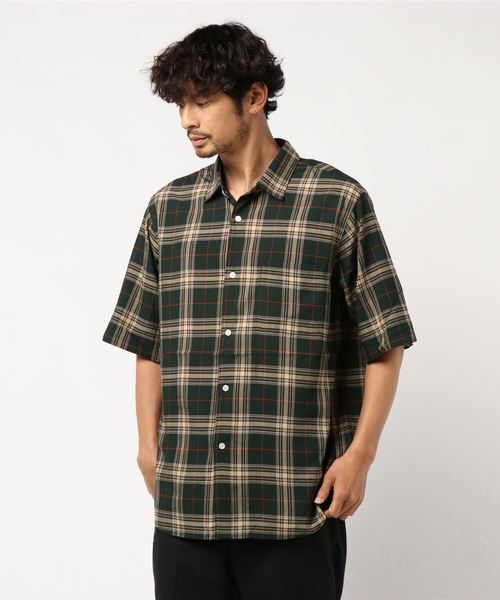 美品【アダムエロペ】オーバーサイズ ペイズリー 半袖シャツ 総柄 M 茶ブラウン ADAM ET ROPE'（アダムエロペ）の「チェック オーバーサイズ