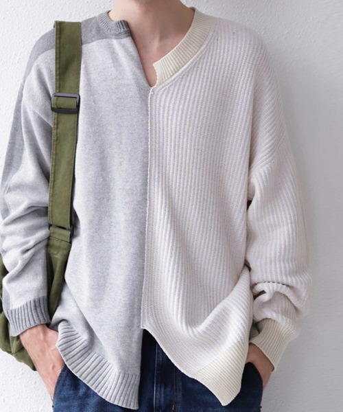 antiqua（アンティカ）の「配色アシメ綿ニット（ニット/セーター・メンズ・ブラック/ナチュラル・M/L/L/XL）」の2枚目の写真