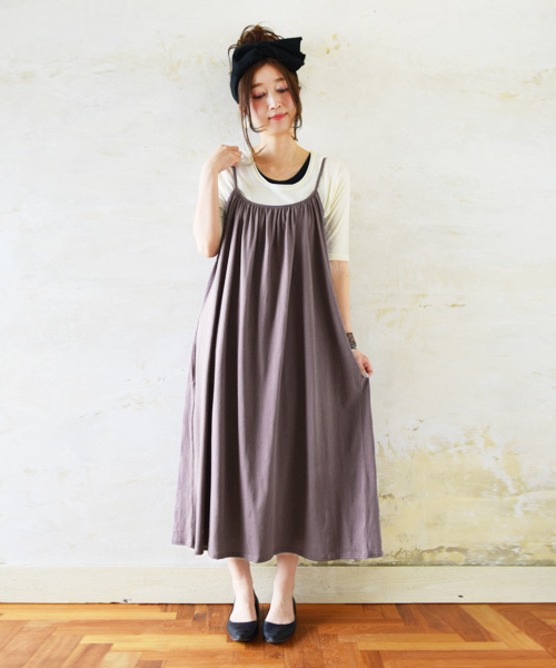 and it_(アンドイット)の「【日本製】ベーシックギャザーコットンキャミマキシワンピース(ワンピース・レディース・ブラック/チャコールグレー/パープル/ダークラベンダー/ワインレッド/オレンジ/杢グレー/モカ/オートミール/グレイッシュベージュ/ターコイズブルー/ネイビー/グリーン/カーキ/ダークブラウン・MEDIUM)」の14枚目の写真