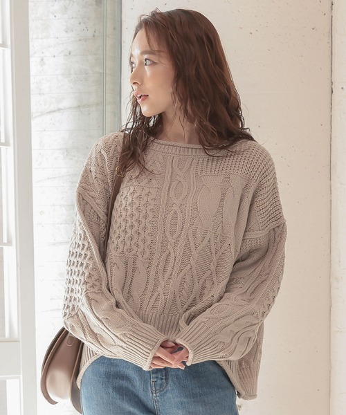 KOBE LETTUCE（コウベレタス）の「パッチング風ケーブルニットプルオーバートップス（ニット/セーター・レディース・ブルー系その他/アイボリー/ベージュ・FREE）」の3枚目の写真