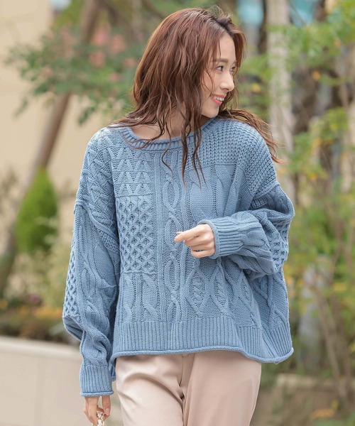 KOBE LETTUCE（コウベレタス）の「パッチング風ケーブルニットプルオーバートップス（ニット/セーター・レディース・ブルー系その他/アイボリー/ベージュ・FREE）」の11枚目の写真