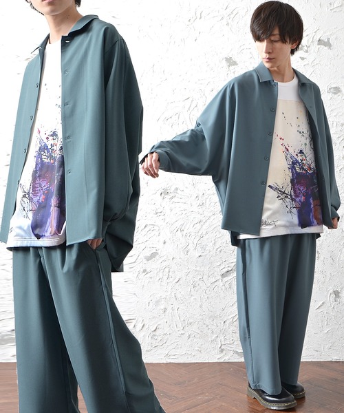 MinoriTY（マイノリティ）の「【MinoriTY】落ち感ドルマンシャツセットアップ ワイドパンツ メンズ ビッグシャツ オーバーサイズ ルーズフィット ビッグシルエット 秋服（セットアップ・メンズ・ブラック/グレー/ブルーグレー/モカ/チャコール/カーキ/パープル系その他/ベージュ/ネイビー/グリーン/ダークグリーン/グレイッシュベージュ・M/L/S）」の4枚目の写真