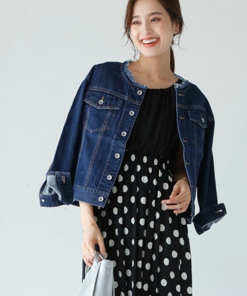 M.deux(エムドゥ)の「フリンジノーカラーデニムジャケット(デニムジャケット・レディース・ネイビー/ブルー・MEDIUM)」の2枚目の写真