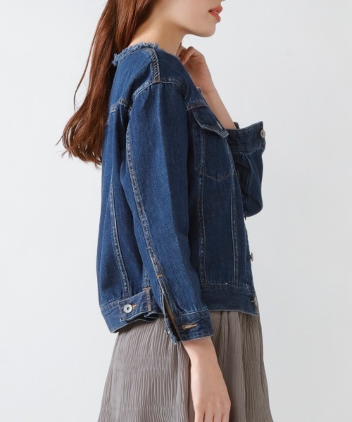 M.deux(エムドゥ)の「フリンジノーカラーデニムジャケット(デニムジャケット・レディース・ネイビー/ブルー・MEDIUM)」の3枚目の写真