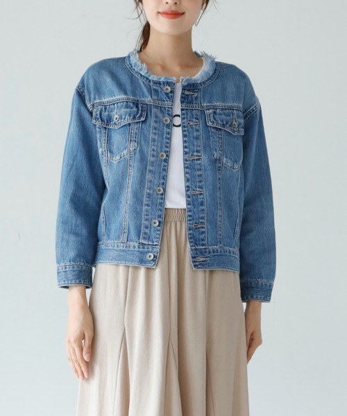 M.deux(エムドゥ)の「フリンジノーカラーデニムジャケット(デニムジャケット・レディース・ネイビー/ブルー・MEDIUM)」の21枚目の写真