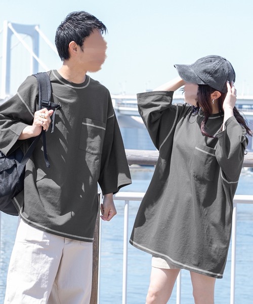 PairPair(ペアペア)の「配色ステッチデカポケT(ユニセックス)(Tシャツ/カットソー・レディース・スミクロ/グレイッシュベージュ/オフホワイト・FREE)」の3枚目の写真