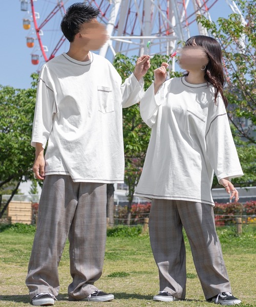 PairPair(ペアペア)の「配色ステッチデカポケT(ユニセックス)(Tシャツ/カットソー・レディース・スミクロ/グレイッシュベージュ/オフホワイト・FREE)」の7枚目の写真