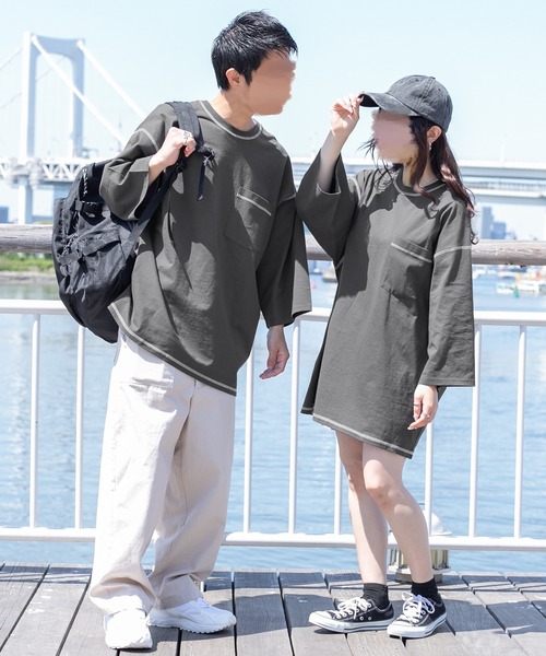 PairPair(ペアペア)の「配色ステッチデカポケT(ユニセックス)(Tシャツ/カットソー・レディース・スミクロ/グレイッシュベージュ/オフホワイト・FREE)」の6枚目の写真