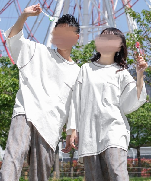 PairPair(ペアペア)の「配色ステッチデカポケT(ユニセックス)(Tシャツ/カットソー・レディース・スミクロ/グレイッシュベージュ/オフホワイト・FREE)」の4枚目の写真