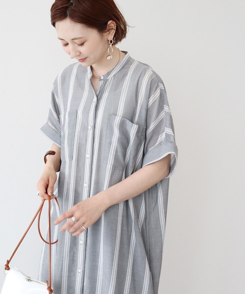 AMERICAN HOLIC（アメリカンホリック）の「Wポケット前開きシャツワンピース（シャツワンピース・レディース・ライトグレー/ブラック/ライトカーキ/ストライプ・M/L）」の5枚目の写真