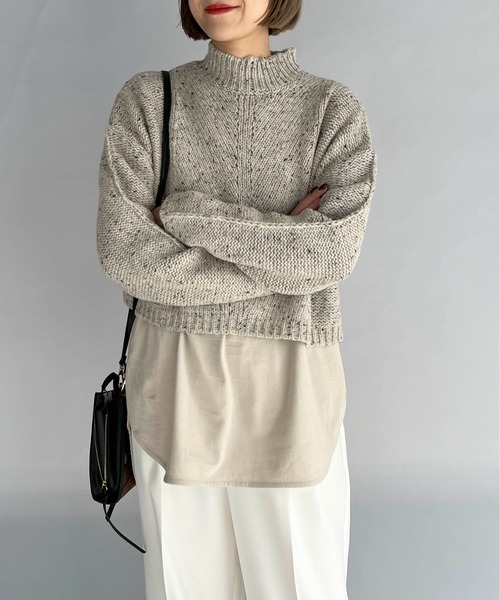 audrey and john wad（オードリーアンドジョンワッド）の「ヘリンボーン柄ニット＋ロングカットソー（ニット/セーター・レディース・ライトベージュ/サックスブルー・M）」の3枚目の写真