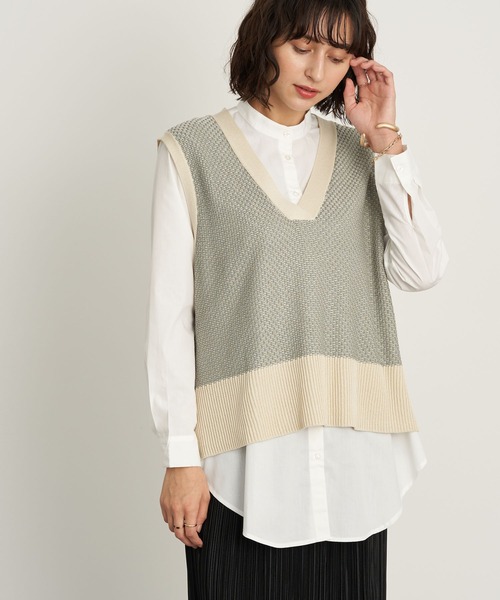 earth music&ecology（アースミュージックアンドエコロジー）の「SET2点ジャガードニットベスト+シャツチュニック ＊（ニット/セーター・レディース・ミント/ベージュ/ブラック・FREE）」の3枚目の写真