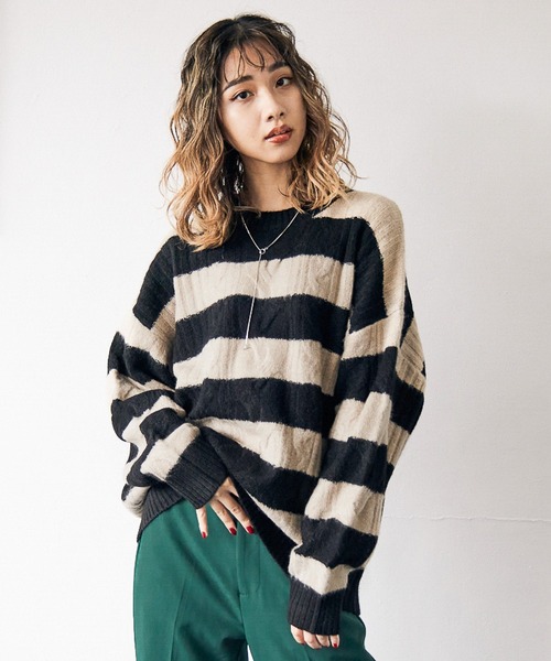 PBLIM（ページボーイリム）の「【PAGEBOYLIM】ボーダーニット（Tシャツ/カットソー・レディース・ブラック系その他/ブラウン系その他・MEDIUM/LARGE）」の2枚目の写真