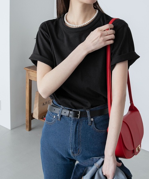 BONLECILL(ボンルシール)の「【2枚入り】【PBPオーガニックコットン】半袖 2PACK Tシャツ<サステナブル>(Tシャツ/カットソー・レディース・オフホワイト/ホワイト×ブラック/ブラック系/ホワイト系その他/ブラック系2・M/L)」の3枚目の写真