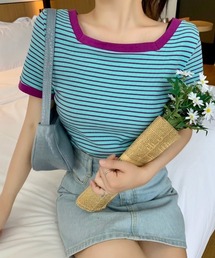 yuue' ( wear )（ユーイ）の「スクエアネック 半袖ボーダーカットソー Tシャツ（Tシャツ/カットソー）」