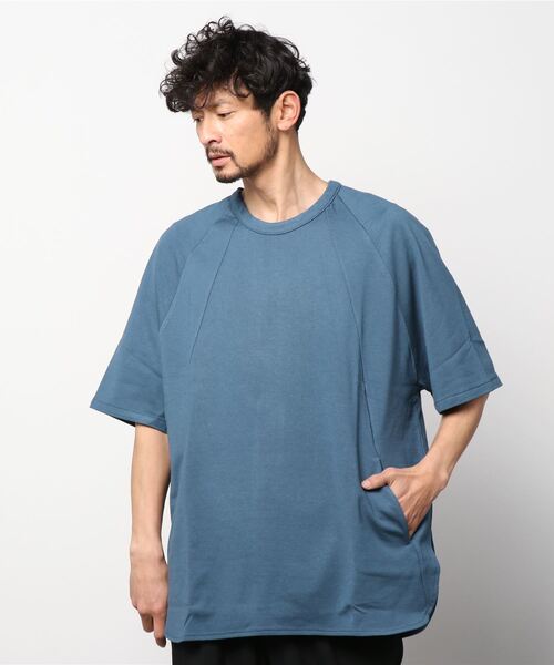 OURET（オーレット）の「レーヨンコットン裏毛ラウンドカットラグランプルオーバー（スウェット・メンズ・チャコール/ブルー/ホワイト・2）」の3枚目の写真