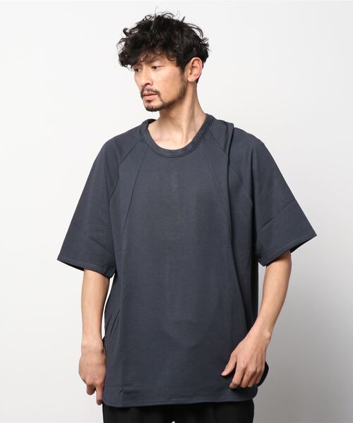 OURET（オーレット）の「レーヨンコットン裏毛ラウンドカットラグランプルオーバー（スウェット・メンズ・チャコール/ブルー/ホワイト・2）」の2枚目の写真