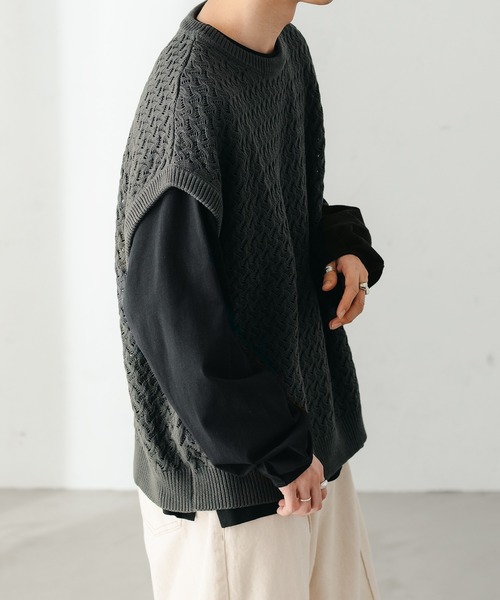 epnok（エプノック）の「ベーシックルーズシアーニットベスト（ベスト・メンズ・グレイッシュベージュ/ベージュ系その他/チャコールグレー/グレイッシュブルー・LARGE/MEDIUM/SMALL）」の6枚目の写真