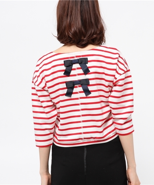 one after another NICE CLAUP（ワンアフターアナザーナイスクラップ）の「【ナイスクラップ】リボンボーダーT（Tシャツ/カットソー・レディース・オフホワイト/レッド/ネイビー・FREE）」の7枚目の写真