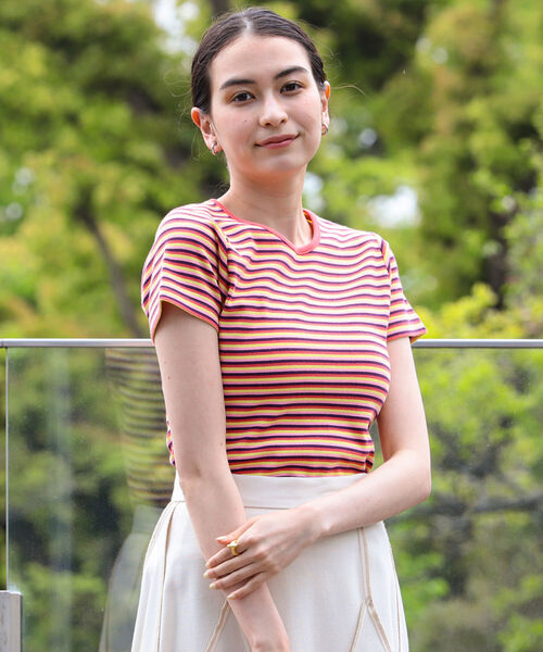 Ray BEAMS（レイビームス）の「Ray BEAMS / マルチ ボーダー リブ Tシャツ（Tシャツ/カットソー・レディース・ホワイト/ピンク/ミント・ONE SIZE）」の4枚目の写真