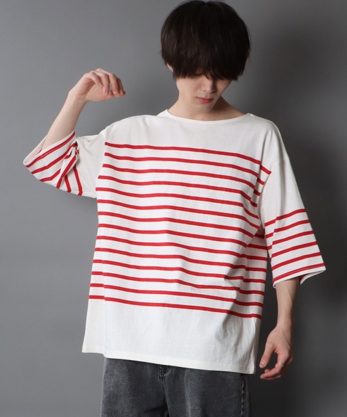 SITRY（シトリー）の「Panel border Loose silhouette boat neck T-shirt/パネルボーダー ルーズシルエット  ボートネック 半袖Ｔシャツ（Tシャツ/カットソー・メンズ・ブラック/レッド/ブルー/グリーン/ブラック系その他/ブルー系その他・M/L）」の6枚目の写真