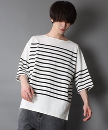 SITRY | Panel border Loose silhouette boat neck T-shirt/パネルボーダー ルーズシルエット  ボートネック 半袖Ｔシャツ(Tシャツ/カットソー)