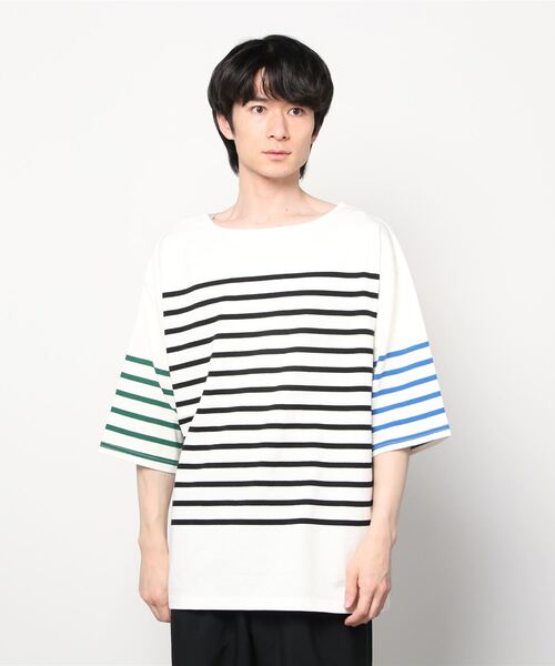SITRY（シトリー）の「Panel border Loose silhouette boat neck T-shirt/パネルボーダー ルーズシルエット  ボートネック 半袖Ｔシャツ（Tシャツ/カットソー・メンズ・ブラック/レッド/ブルー/グリーン/ブラック系その他/ブルー系その他・M/L）」の18枚目の写真