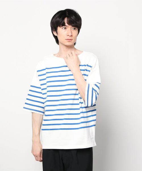 SITRY（シトリー）の「Panel border Loose silhouette boat neck T-shirt/パネルボーダー ルーズシルエット  ボートネック 半袖Ｔシャツ（Tシャツ/カットソー・メンズ・ブラック/レッド/ブルー/グリーン/ブラック系その他/ブルー系その他・M/L）」の22枚目の写真