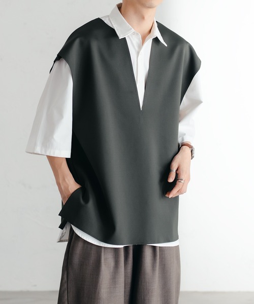 epnok(エプノック)の「ダンボールキーネックベスト(ベスト・メンズ・チャコールグレー/アイボリー/グレイッシュベージュ・SMALL/MEDIUM/LARGE)」の2枚目の写真