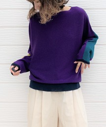 Q | ブロックカラー横リブドルマンニット(ニット/セーター)