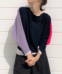 Q | ブロックカラー横リブドルマンニット(ニット/セーター)
