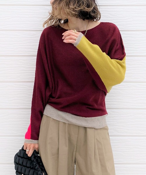 Q(キュー)の「ブロックカラー横リブドルマンニット(ニット/セーター・レディース・ブラック/パープル/アイボリー/バーガンディー/ライトグレー/ベージュ/マスタード/ネイビー/グレー系その他/ホワイト系その他・MEDIUM)」の10枚目の写真