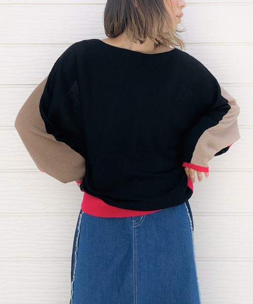 Q(キュー)の「ブロックカラー横リブドルマンニット(ニット/セーター・レディース・ブラック/パープル/アイボリー/バーガンディー/ライトグレー/ベージュ/マスタード/ネイビー/グレー系その他/ホワイト系その他・MEDIUM)」の3枚目の写真