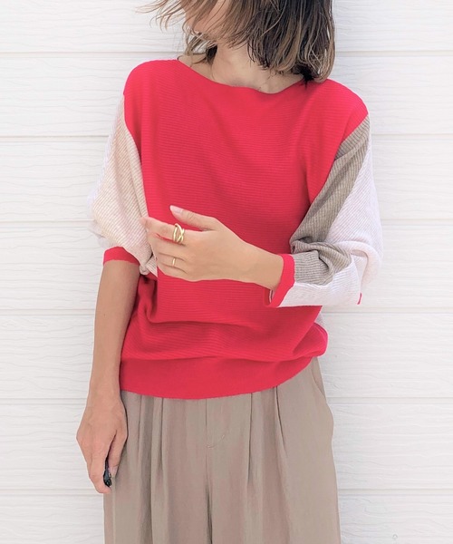 Q(キュー)の「ブロックカラー横リブドルマンニット(ニット/セーター・レディース・ブラック/パープル/アイボリー/バーガンディー/ライトグレー/ベージュ/マスタード/ネイビー/グレー系その他/ホワイト系その他・MEDIUM)」の14枚目の写真