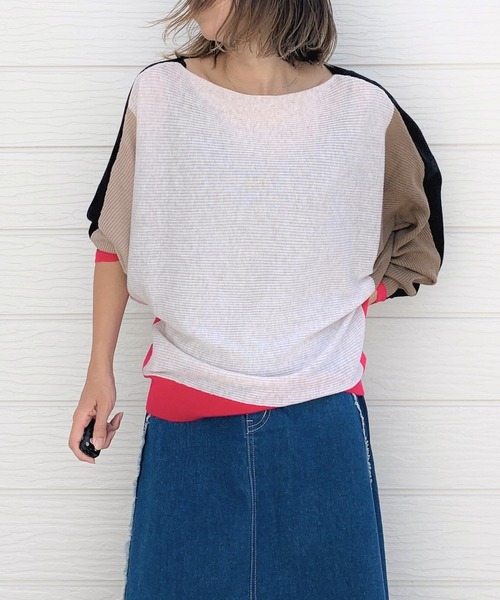 Q(キュー)の「ブロックカラー横リブドルマンニット(ニット/セーター・レディース・ブラック/パープル/アイボリー/バーガンディー/ライトグレー/ベージュ/マスタード/ネイビー/グレー系その他/ホワイト系その他・MEDIUM)」の15枚目の写真